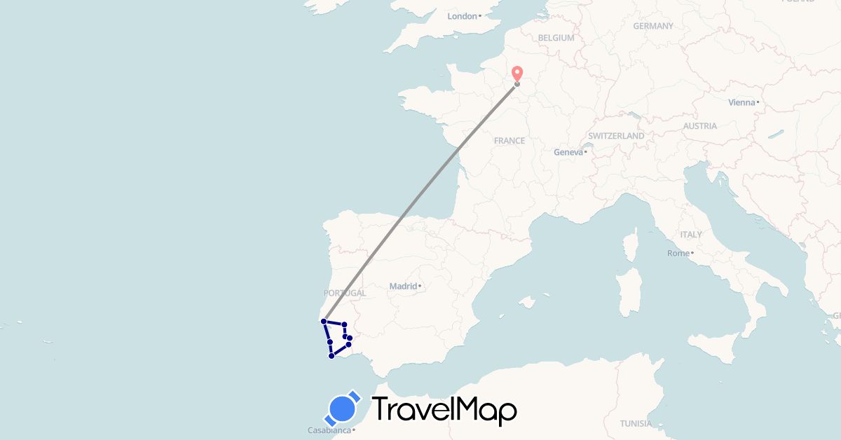 TravelMap itinerary: driving, plane, hiking in France, Portugal (Europe)
